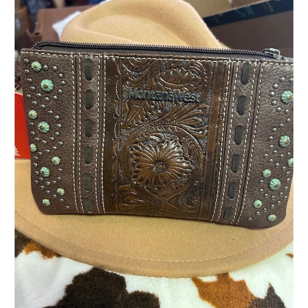 Montana West Crossbody Bag Women Small Brown Tooled Floral Turquoise Studded New